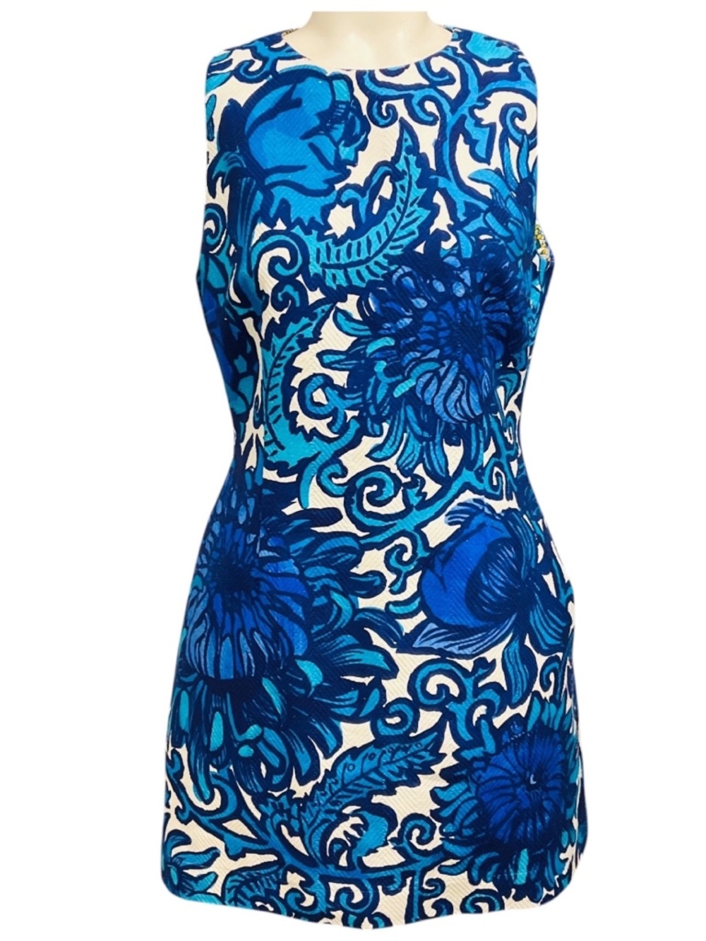 LA DOUBLEJ BLUE ANEMONE PRINT SLEEVELESS JACQUARD MINI TGIF DRESS